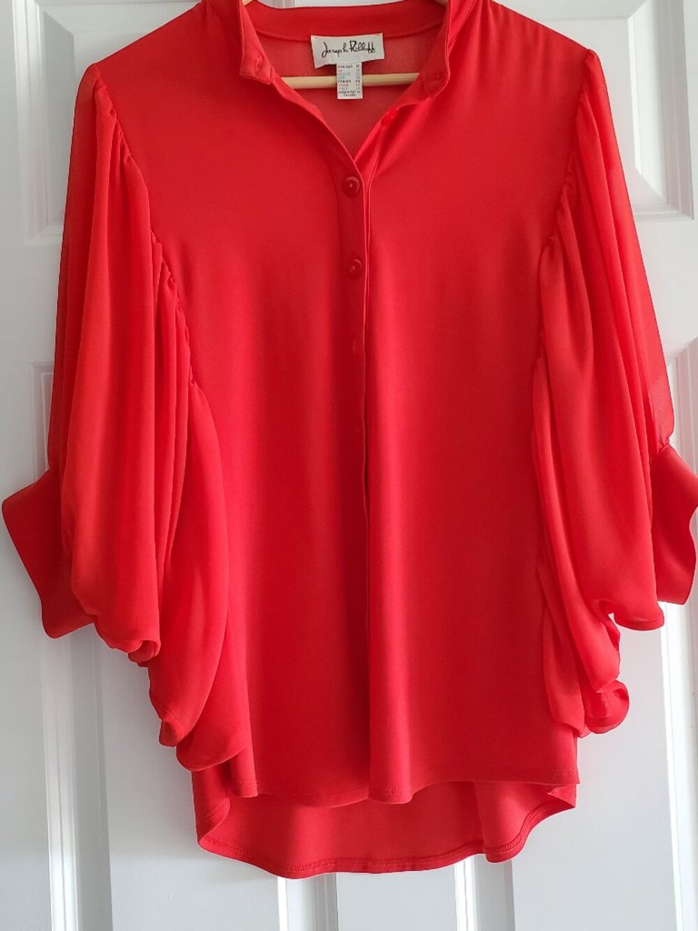 Josheph Ribcoff Orange Blouse with Sheer Flouncy Sleeves to Elbow Size 10